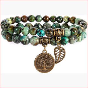 Natural Stone Stretch Bracelet with Life Tree and Leaf Charm
